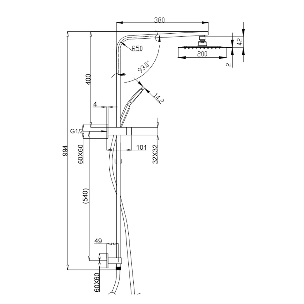 BKSS103 - Square Sliding Shower with Overhead Rain Shower - Image 4